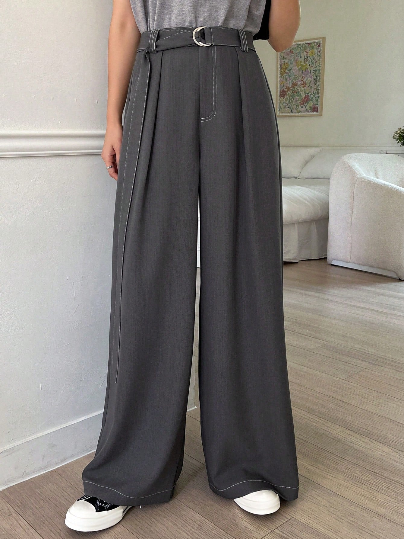 Maxct Stitching Decor Belted Wide-Leg Trousers With Pockets For Women's Suit Pants