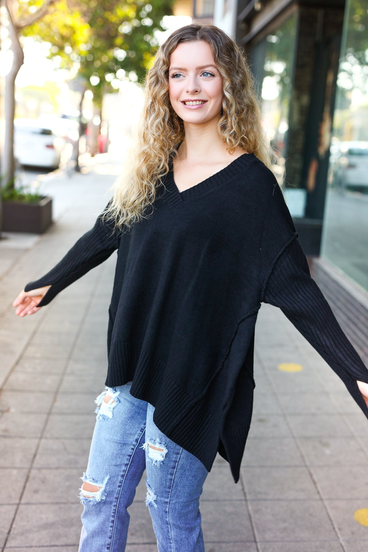 Maxct &Casual Chic Black Oversized V Neck Rib Knit Sweater