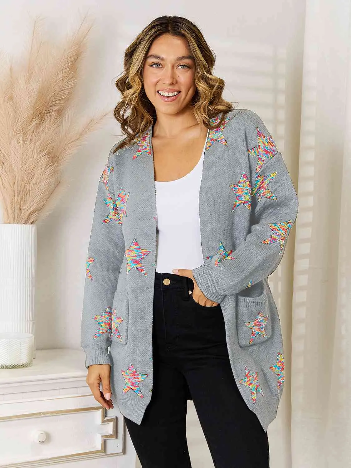 Maxct &Star Pattern Open Front Cardigan with Pockets