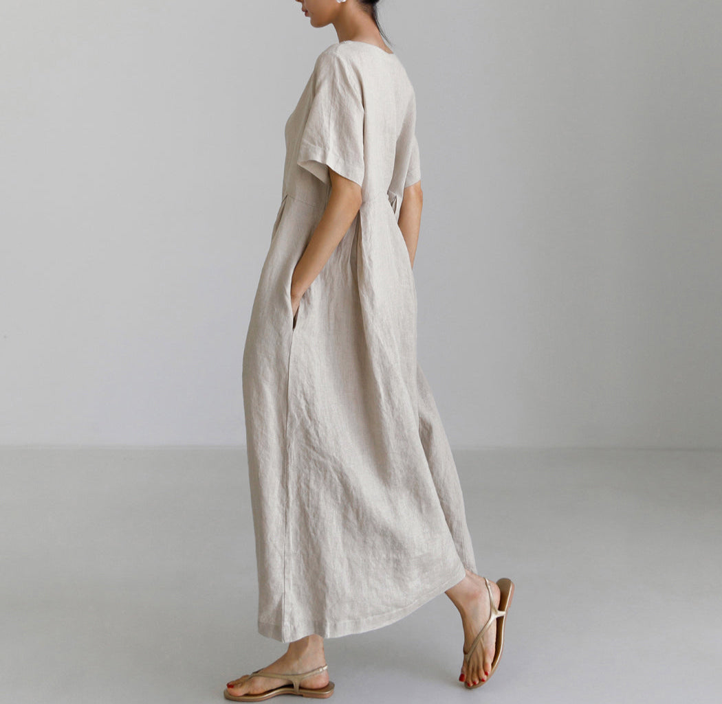 Ladies Solid Color Casual Loose Cotton Linen A-Line Dresses