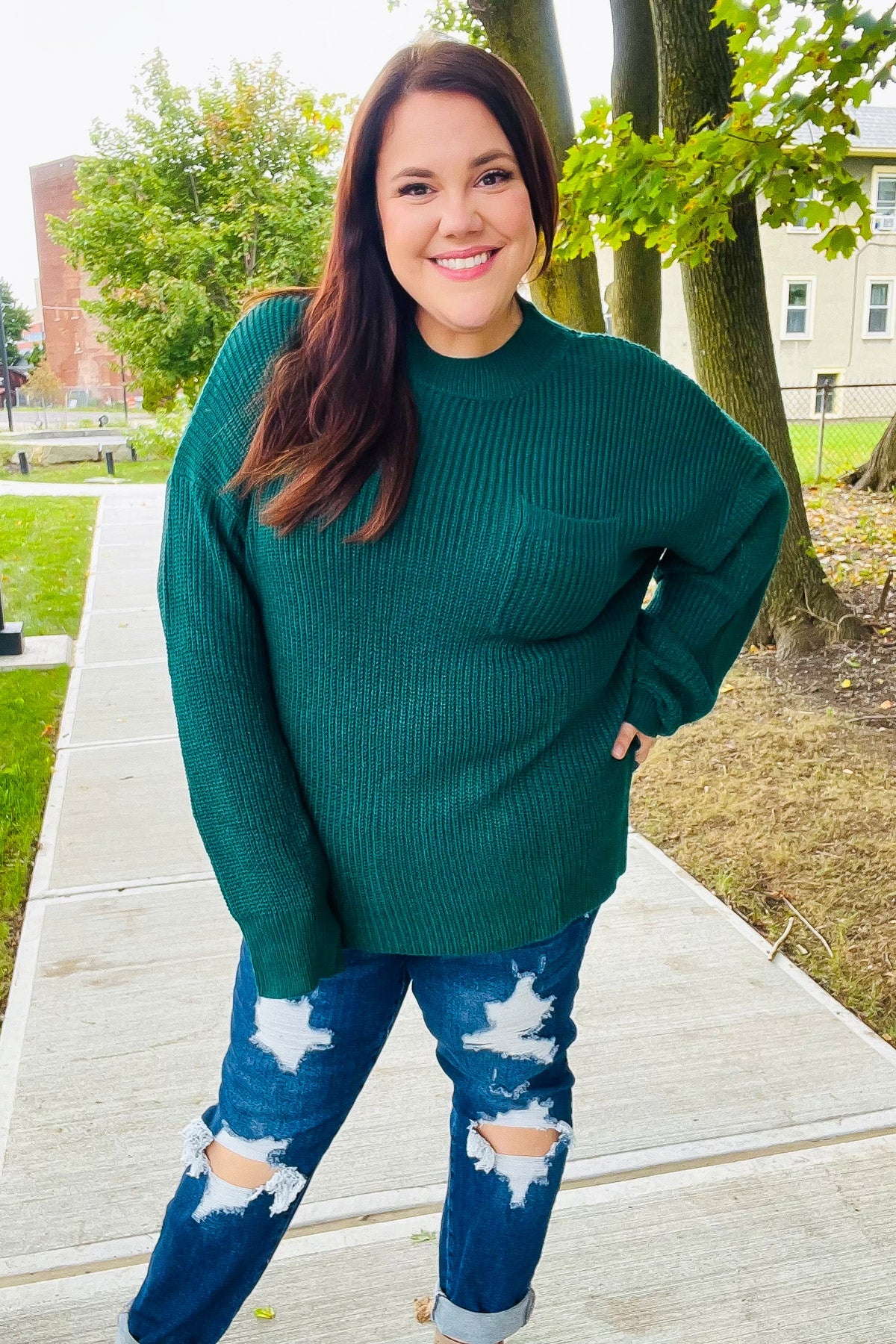 Maxct &Classy Chic Hunter Green Mock Neck Chest Pocket Knit Sweater