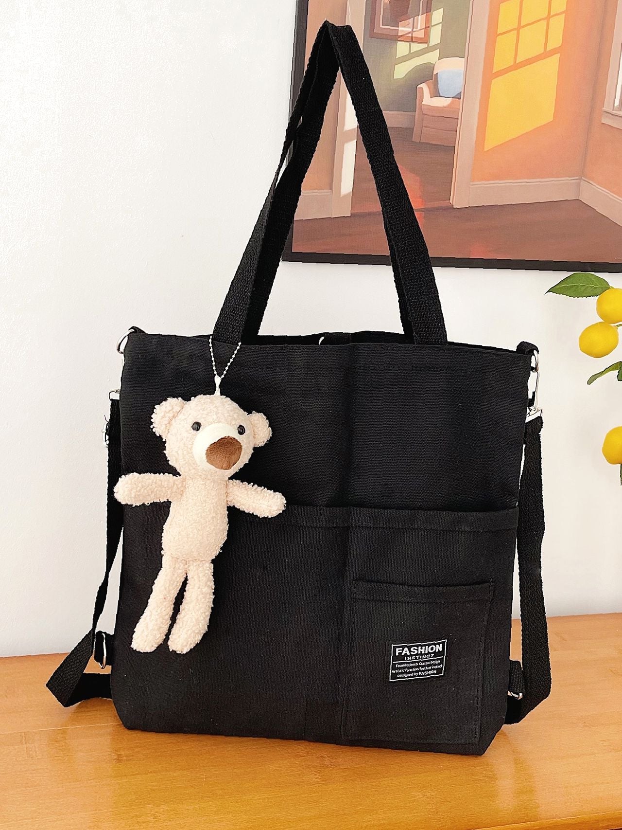 Maxct - Letter Graphic Shopper Bag with Bag Charm  - Women Tote Bags