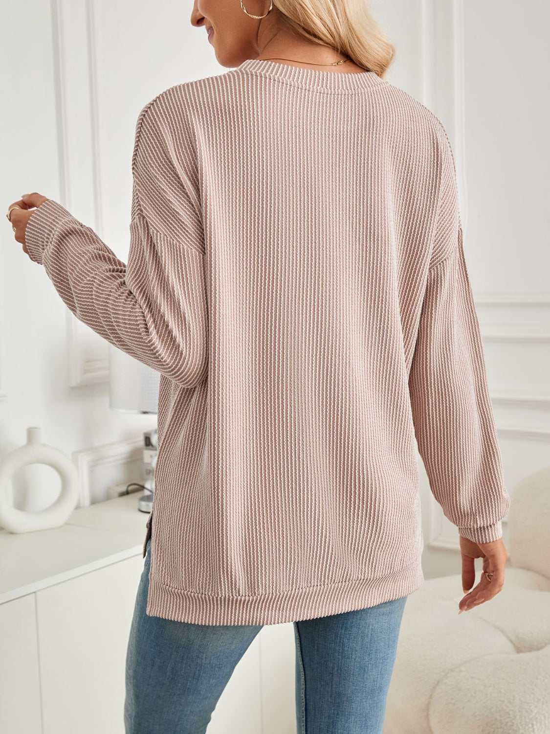 Maxct &Slit Round Neck Long Sleeve Sweatshirt
