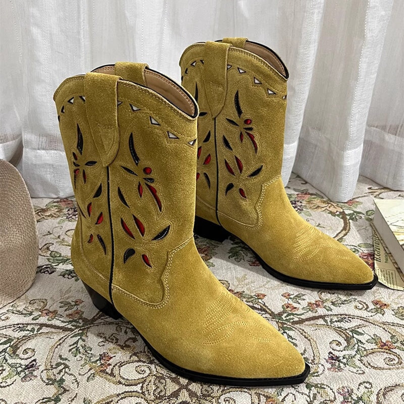 Womens Western Boots Block Heel Cut-Out Cowboy Boots All Genuine Leather Maxct