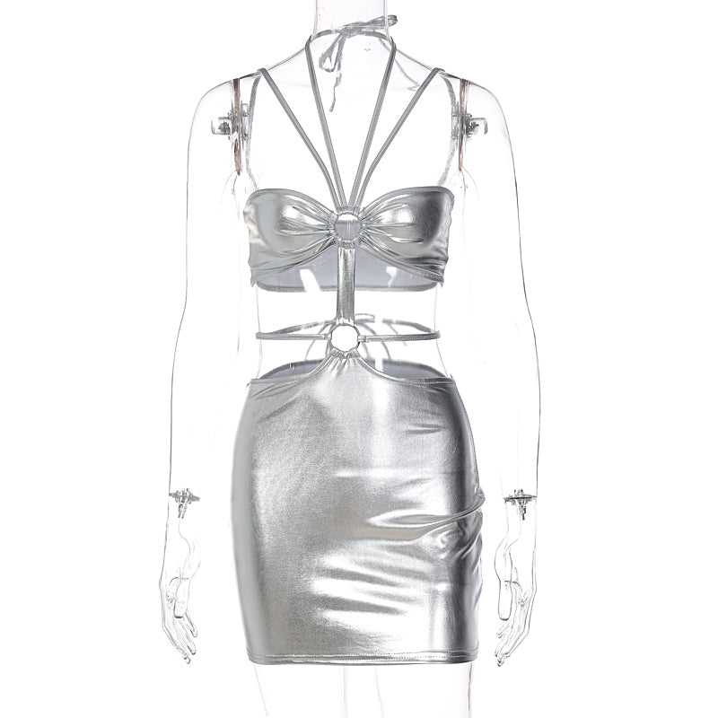 Voguable Solid Sleeveless Bodycon Halter Hollow Out Mini Dress Streetwear Outfits Y2K Maxct
