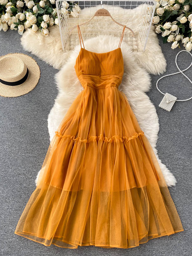 Maxct Women Sexy Mesh Spaghetti Strap Long Dress Summer Orange/Purple/Blue/Pink Ruffle A-Line Beach Robe Female Elegant Party Vestidos