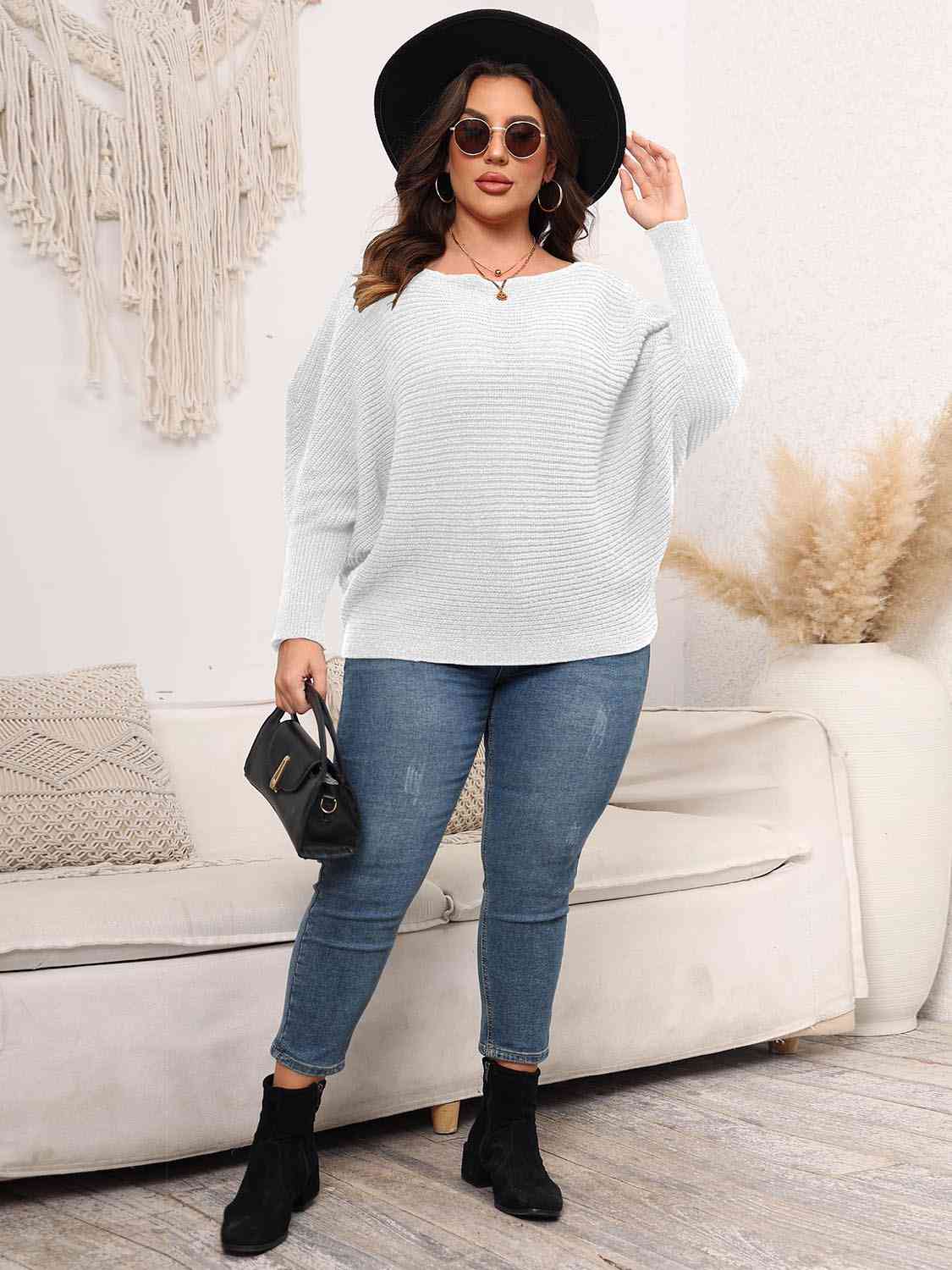 Maxct &Full Size Boat Neck Batwing Sleeve Sweater