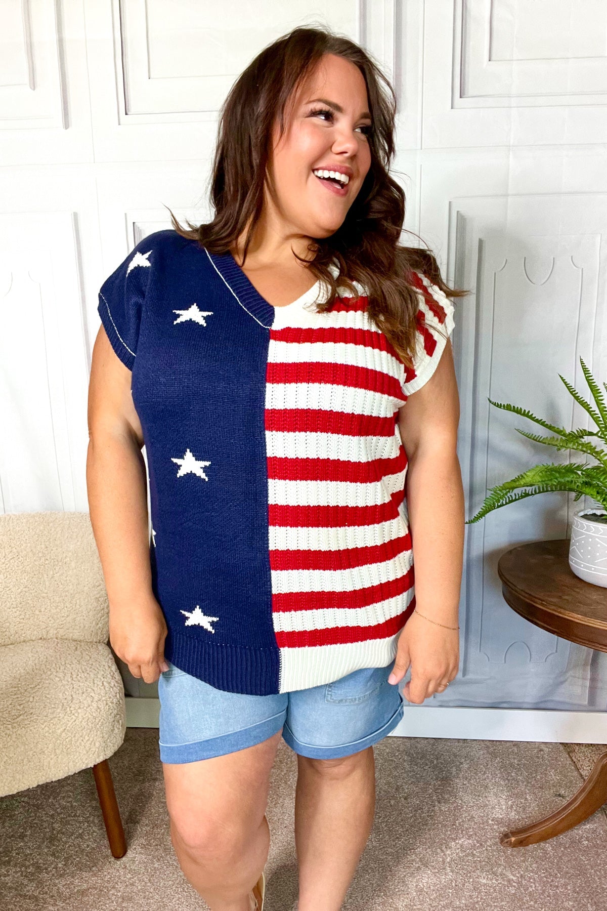 Maxct &Stars & Stripes Americana V Neck Dolman Sweater Top