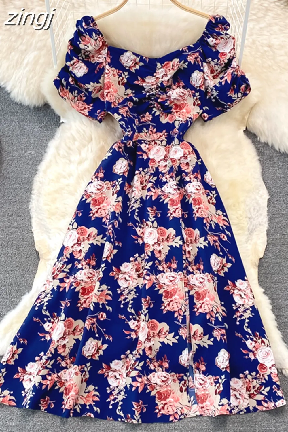 Maxct Vintage Women Printed Dresss Sexy Square Collar Short Puff Sleeve High Waist A-Line Vacation Beach Vestidos Female New