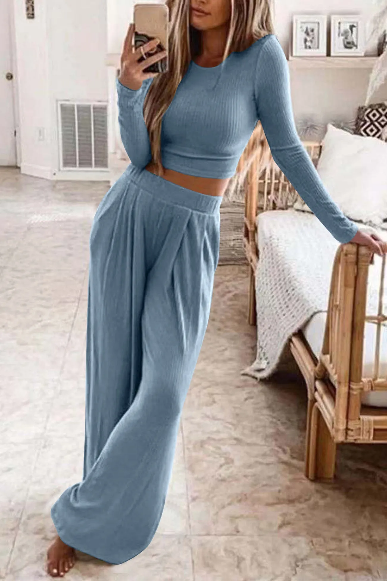 Maxct Solid Color Ribbed Crop Top Long Pants Set