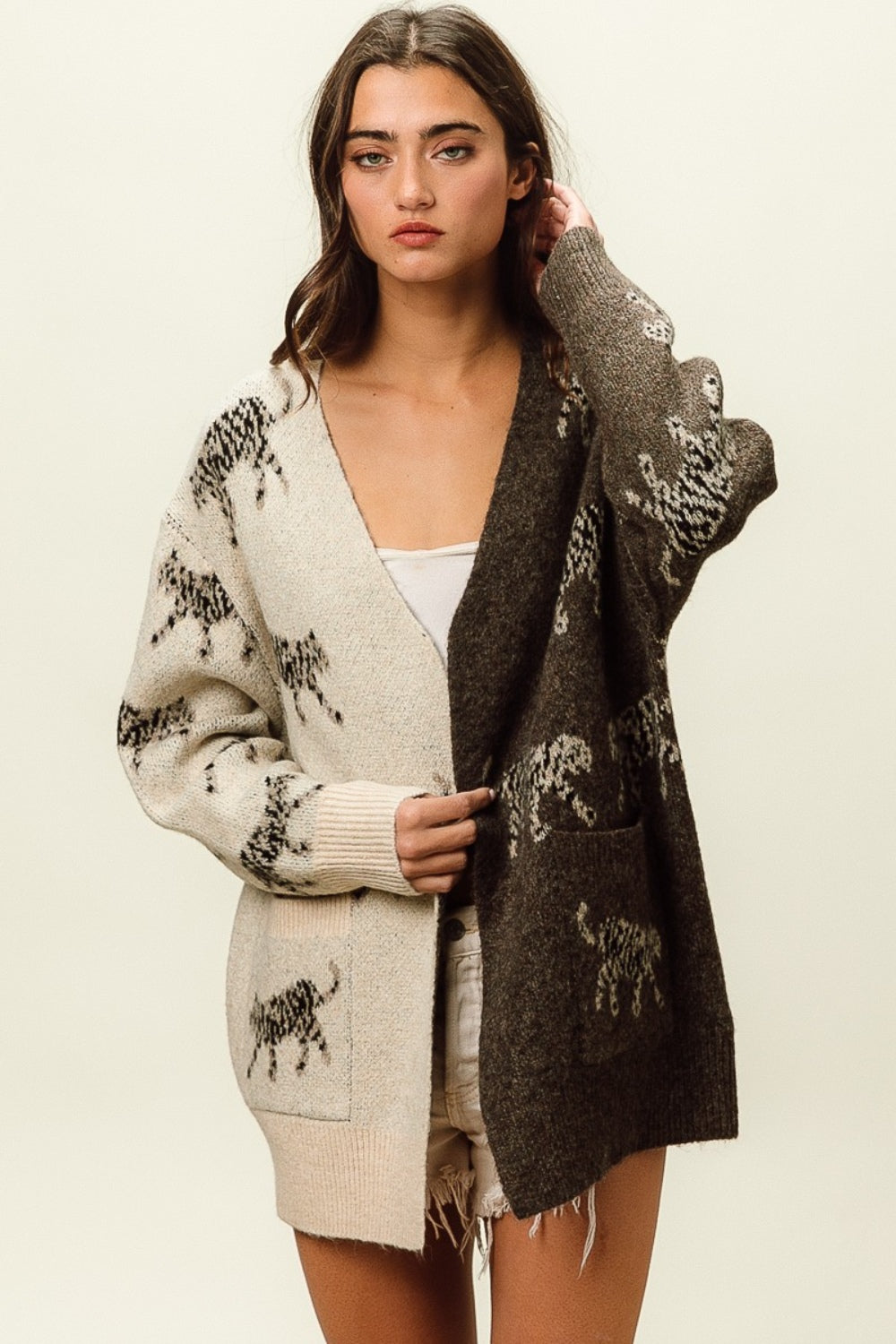 Maxct &BiBi Open Front Long Sleeve Contrast Cardigan