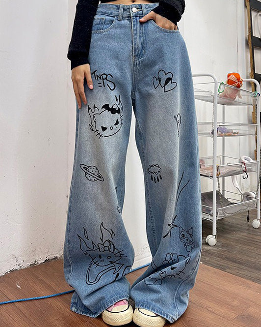 Grunge Aesthetic Cat Jeans in Blue Maxct