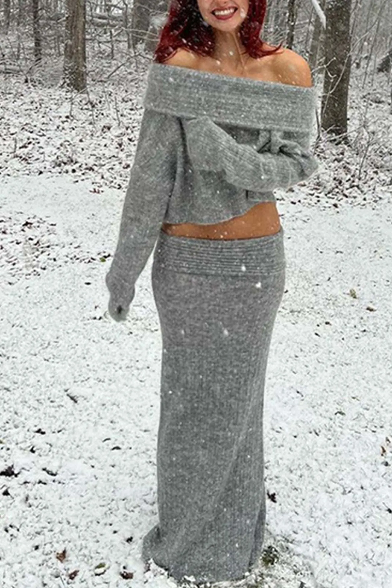 Maxct-Off-Shoulder Sweater Midi Skirt Suits
