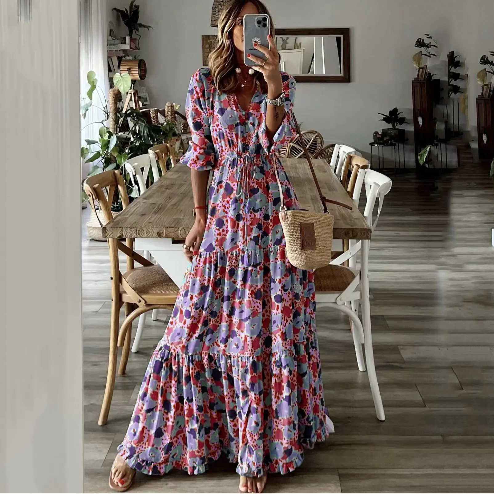 Maxct Maxct Summer New Women's Wear Temperament Holiday V Collar Print Large Place Long Dress