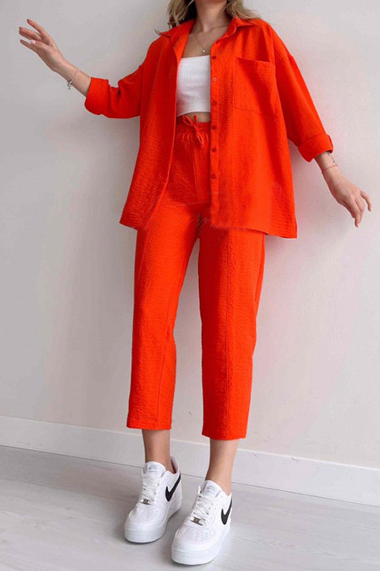 Maxct Long Sleeve Solid Color Shirt Long Pants Set