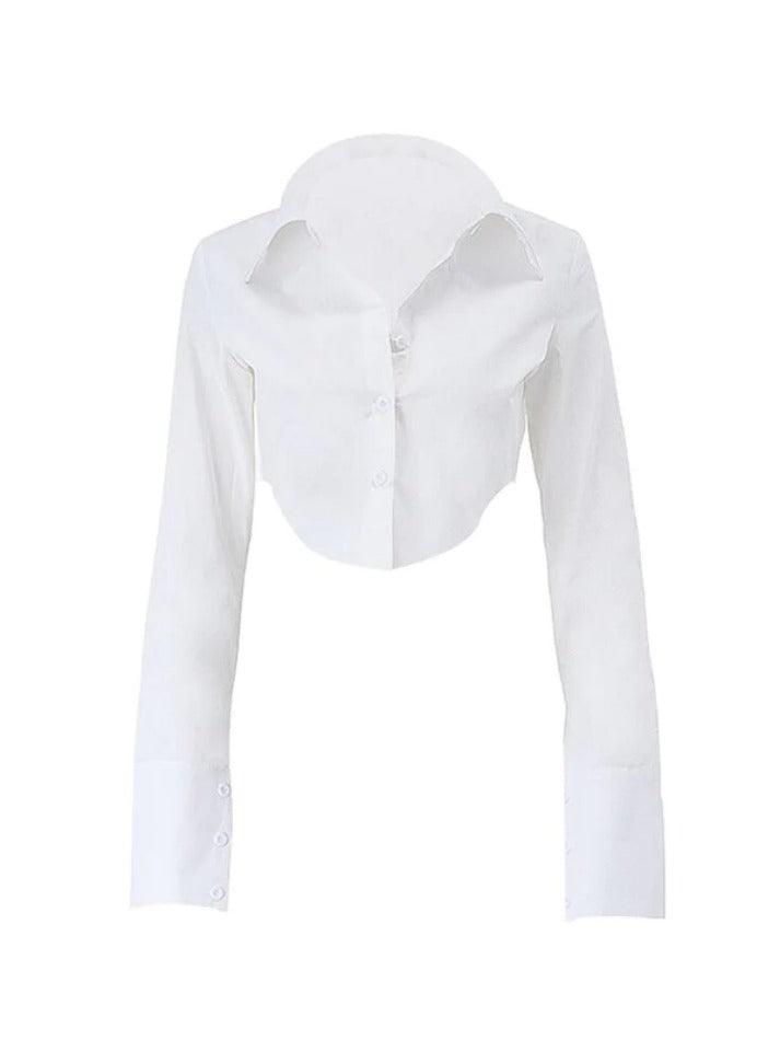 Maxct-Shirt Neck Irregular Hem Long Sleeve Blouse