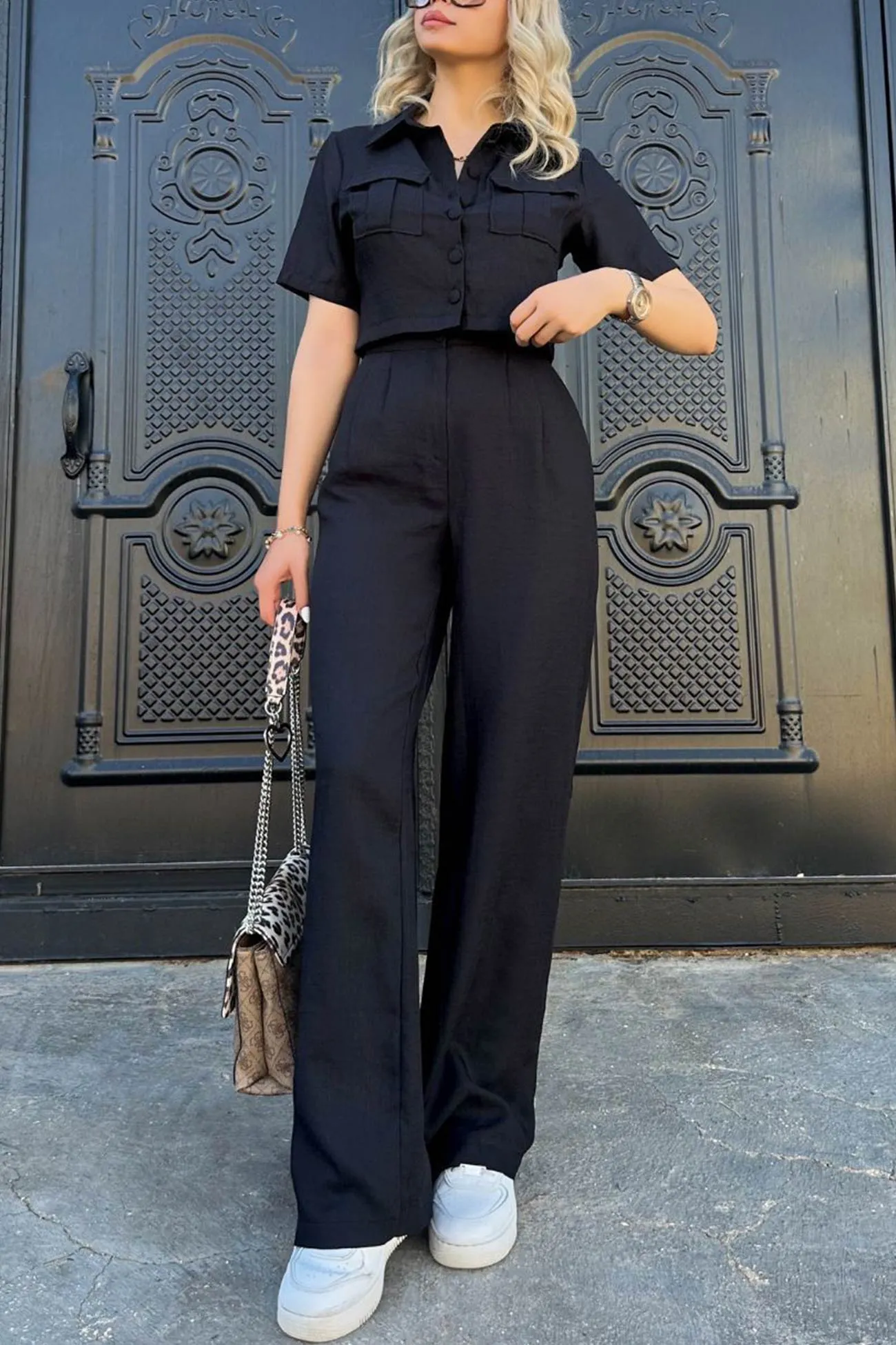 Maxct Solid Crop Blouse Long Pants Set