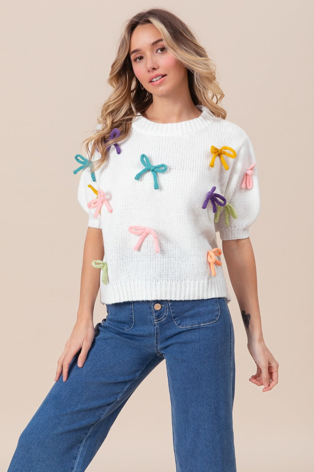 Maxct &BiBi Bow Detail Puff Sleeve Sweater