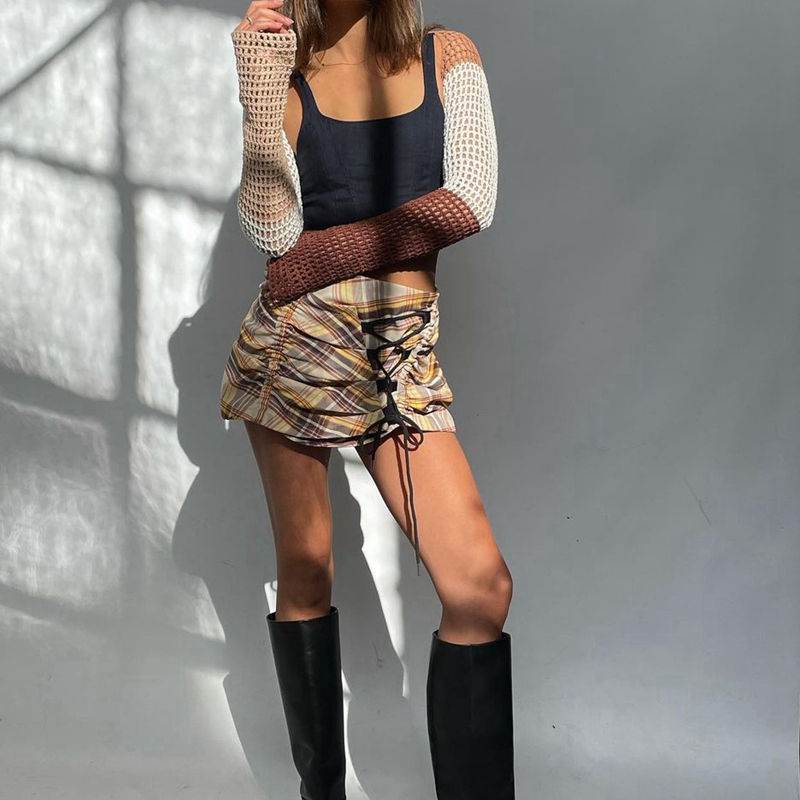 Sexy Crop Top Y2K Patchwork Crocheted Shawl Long Sleeves Mini Cover-ups Knitted Hollow Out T-shirt Women Fashion Streetwear