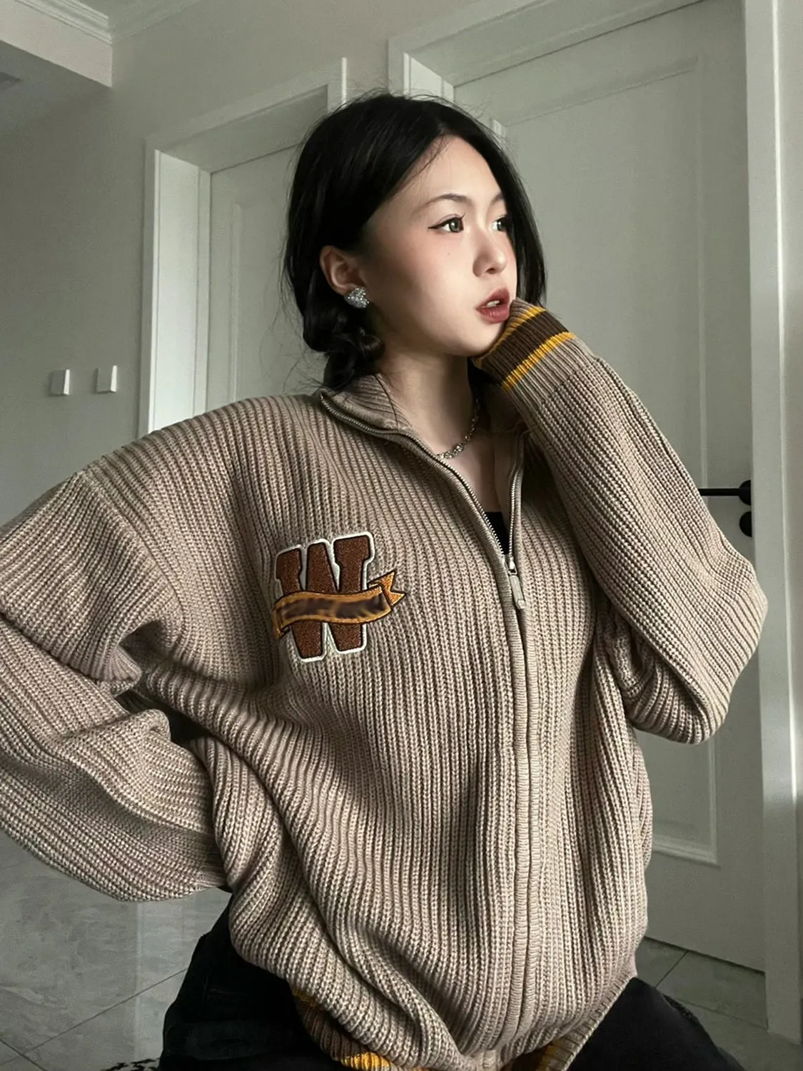 Maxct Logo Embroidery Zip Up Knit Cardigan