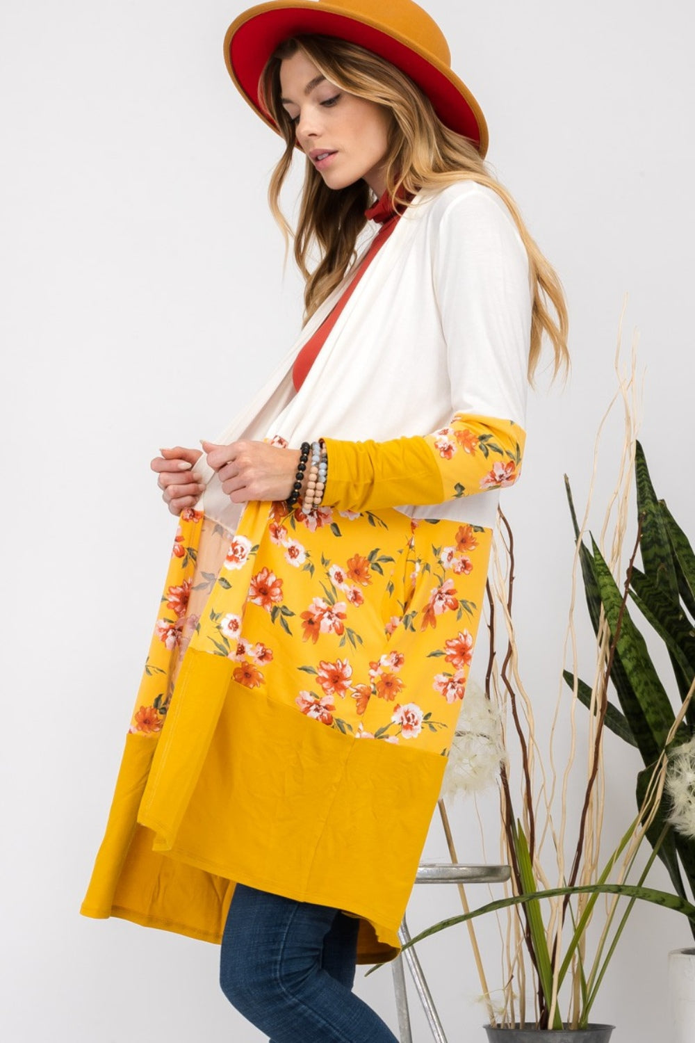 Maxct &Celeste Full Size Floral Color Block Open Front Cardigan