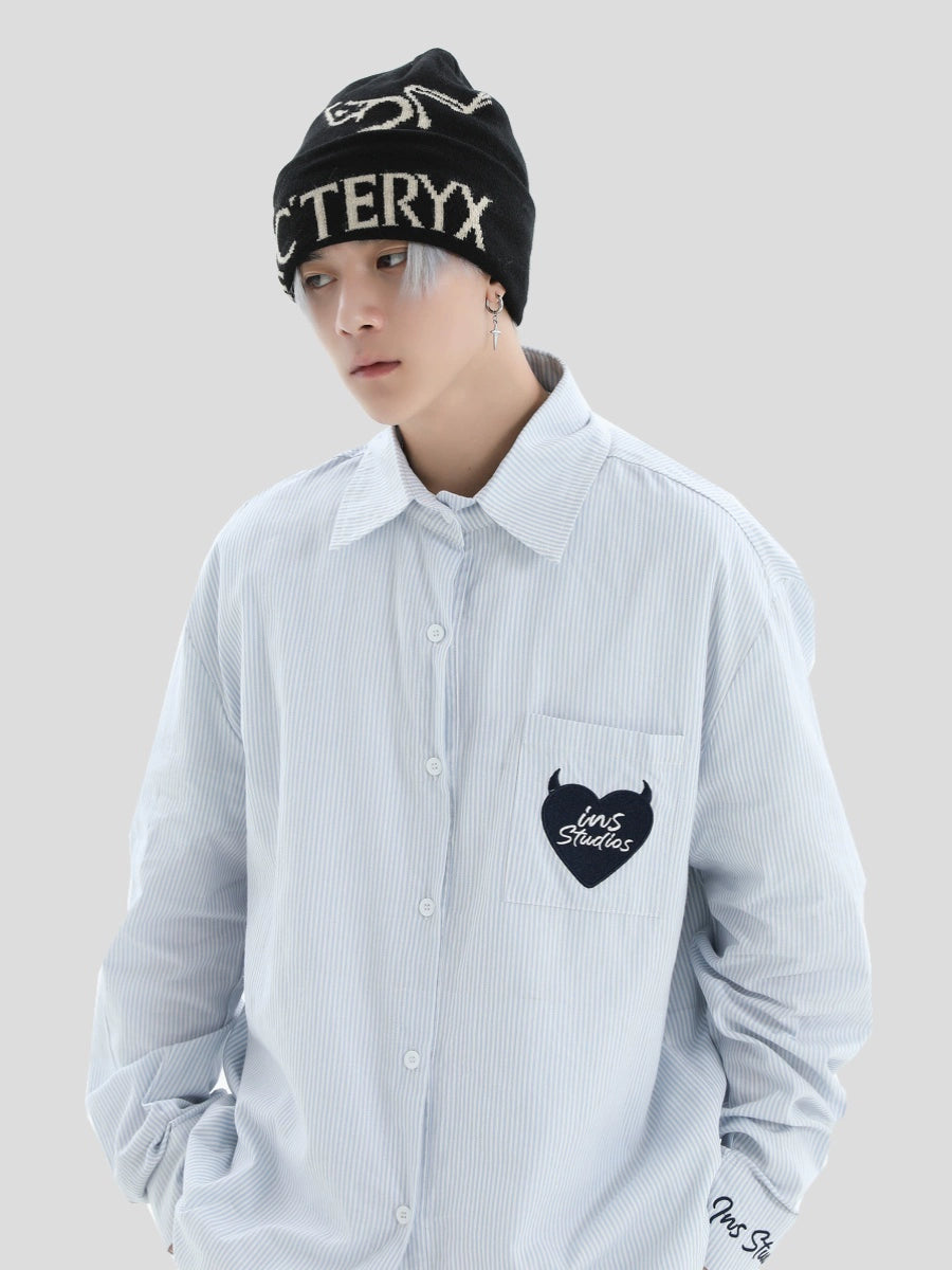 INS Heart Embroidery Striped Shirt Maxct