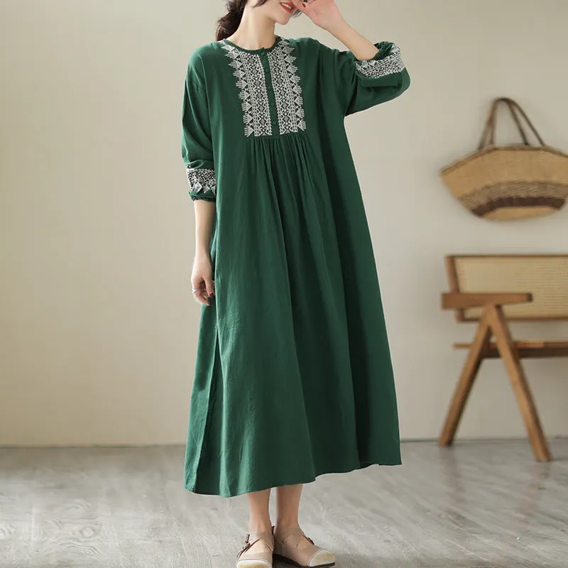 Loose Round Neck Embroidered Long Sleeves Midi Dresses