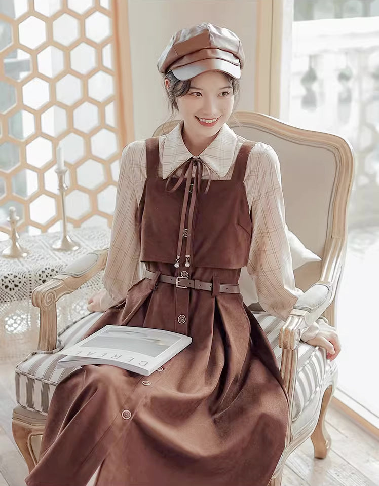 Suede Button Up Cami Pinafore Dress Set Maxct