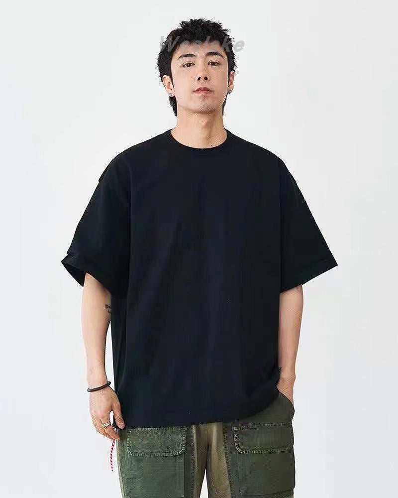 Maxct minimalist fashion men Japanese Style Heavy Cotton Men's round Neck Short Sleeve T-shirt Loose Red Rope Solid Color Bottoming Shirt Couple Half Sleeve Top