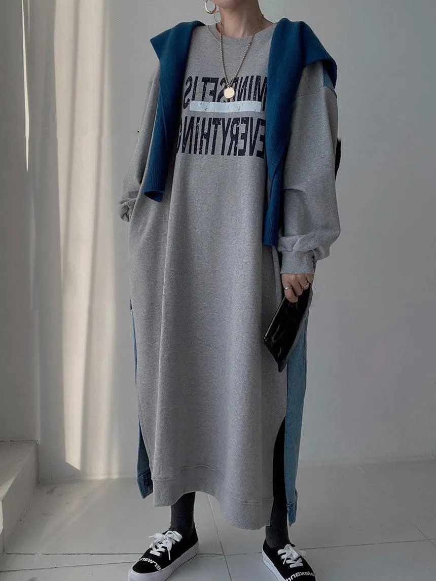 Maxct Simple Letter Print Denim Splt-joint Long Sleeve Sweatshirt Dress