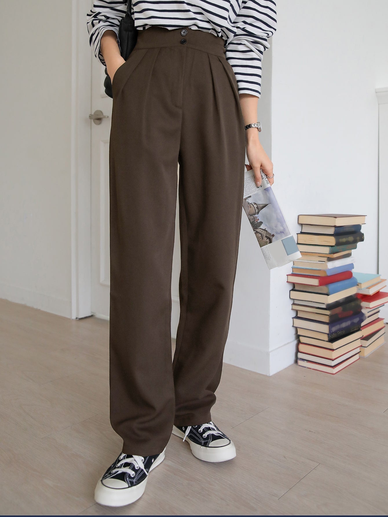 Maxct High Waist Plicated Detail Straight Leg Pants