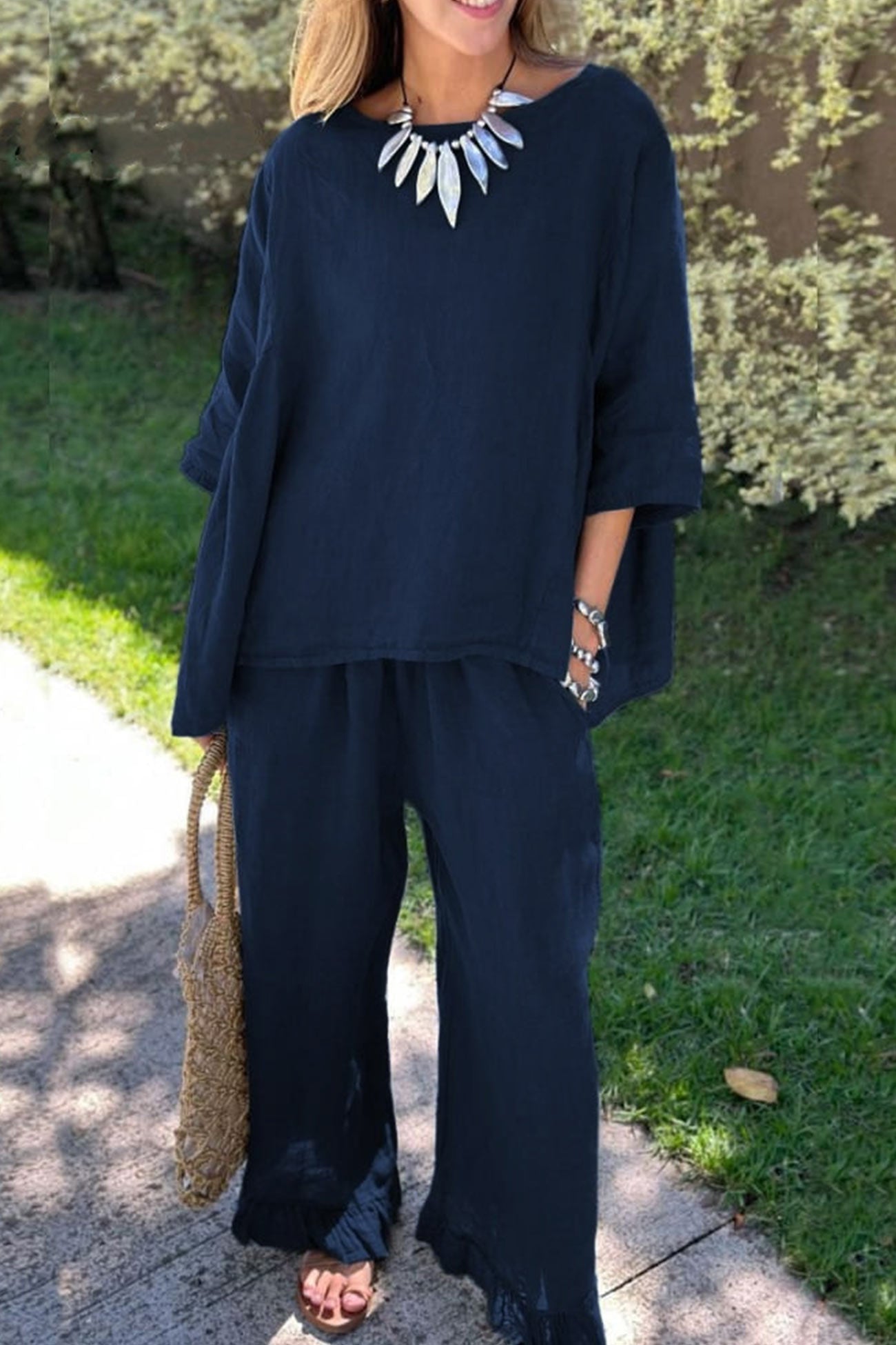 Maxct Half Sleeve Tops Fringe Hem Long Pants Set