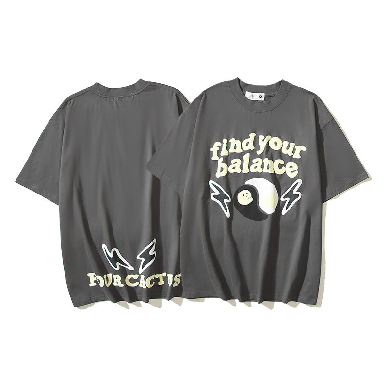 Maxct 90S Streetwear Bp American Retro Street Cartoon Letter Foam Printing Wash Men'S And Women'S Os High Street Short Sleeve T-Shirt Men'S And Women'S Same Style