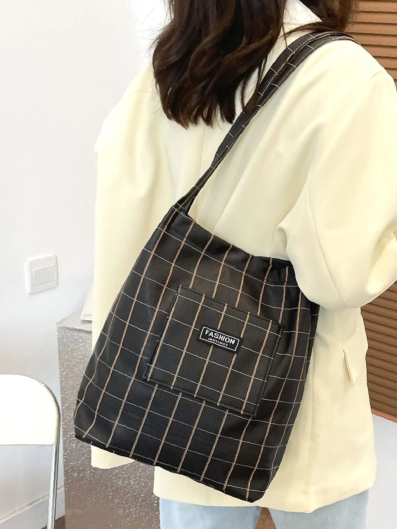 Maxct - Plaid Pattern Letter Patch Decor Shopper Bag  - Women Tote Bags