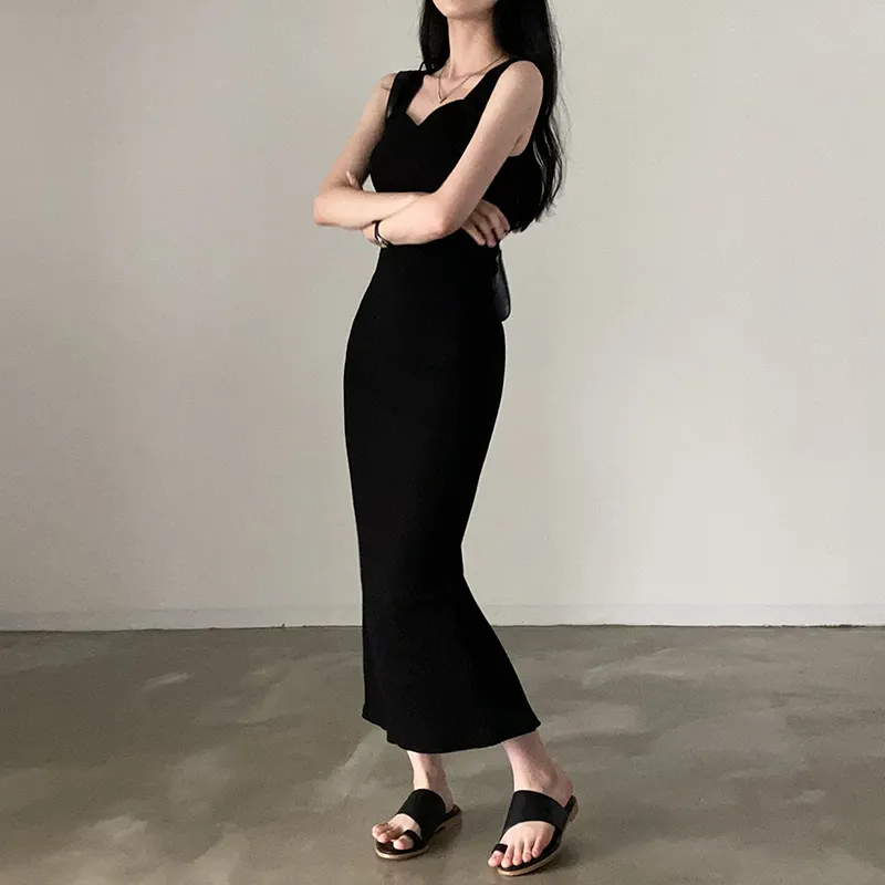 Basic Knit Long Dress Korean Square Collar Sleeveless Dresses Casual Y2k Vintage All-match Outftis