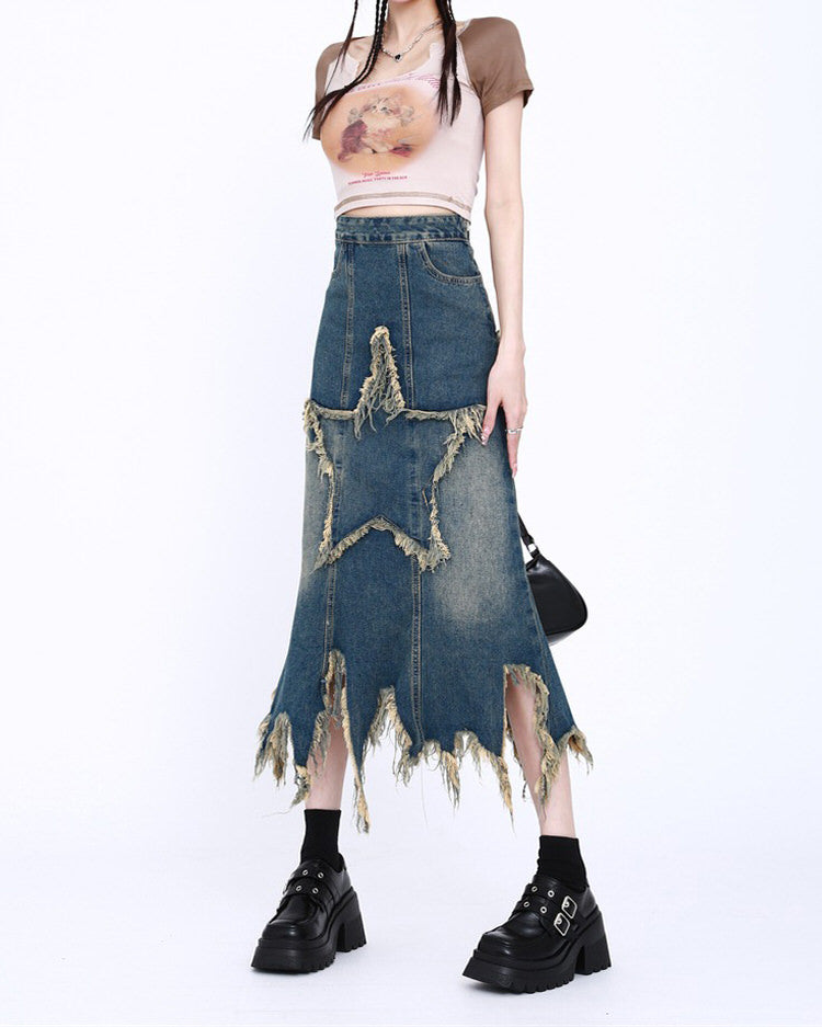 Aesthetic Star Long Denim Skirt Maxct