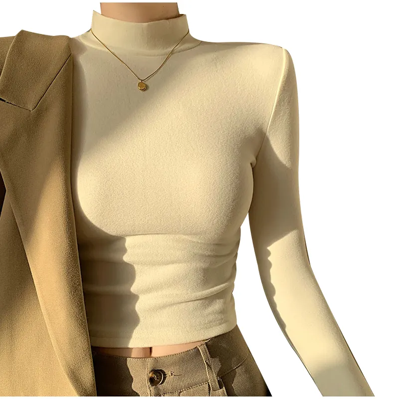 Double Sided Fleece Turtleneck Base Shirt Women Casual Slim Solid Long Sleeve Knitted Pullovers Lady Autumn Chic Thick Warm Tops