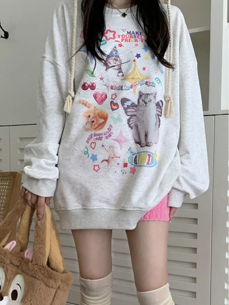 Maxct Kawaii Cat Print Hoodie Women Cutecore Long Sleeve Sweatshirt American Retro E-girl Kitten Angel Graphic Alt Clothes Y2k