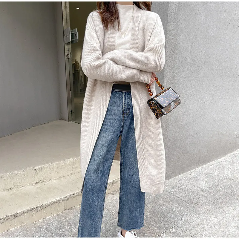 Casual Knitted Solid Long Cardigan Women Korean Loose Long Open Sweaters Female Autumn Chic Warm Simple Daily Street Tops