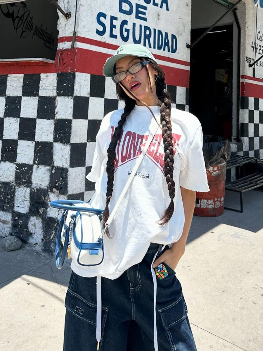 Maxct American Style Retro Letter Printed Pure Cotton Short-sleeved T-shirt Women's European And American Style Oversize Spice Girl Half-sleeved Casual Top Trendy