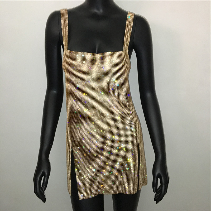 Maxct cybergoth dress to impress Fashion Women's Sexy Low Cut Rhinestone Dress Hot Girl Short Skirt Metal Suspender Dress Gown