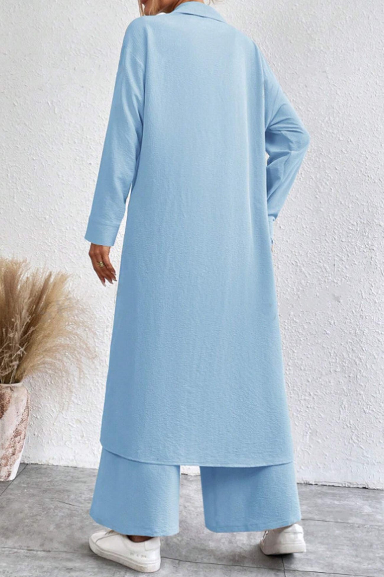 Maxct Solid Long Shirt Wide Leg Pants Set