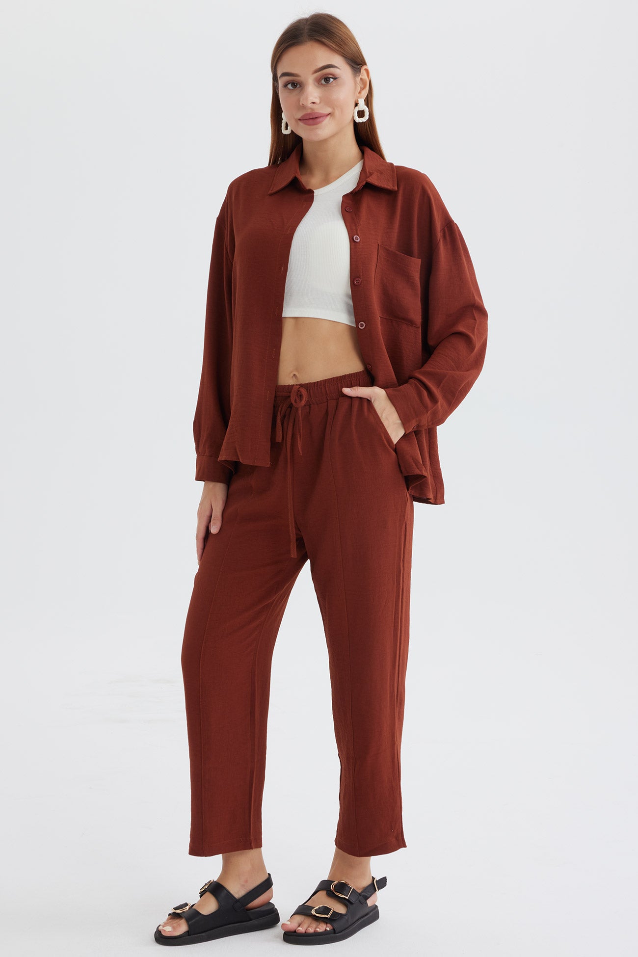 Maxct Long Sleeve Solid Color Shirt Long Pants Set - Image 26