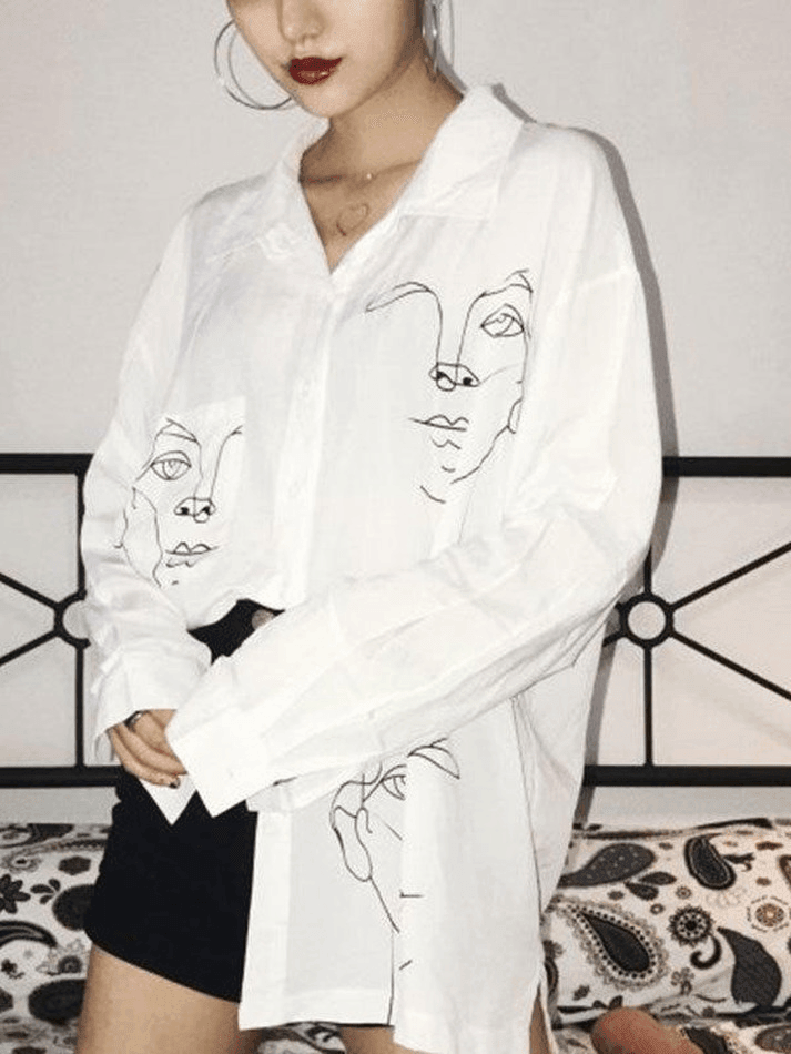 Maxct Abstract Face Print Long Sleeve Blouse