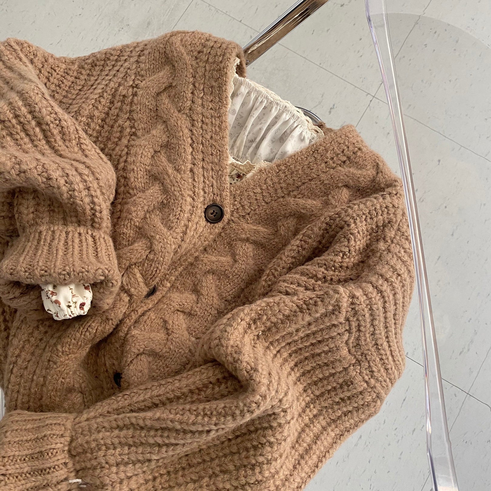 Maxct Solid V Neck Puff Sleeve Cable Knit Cardigan