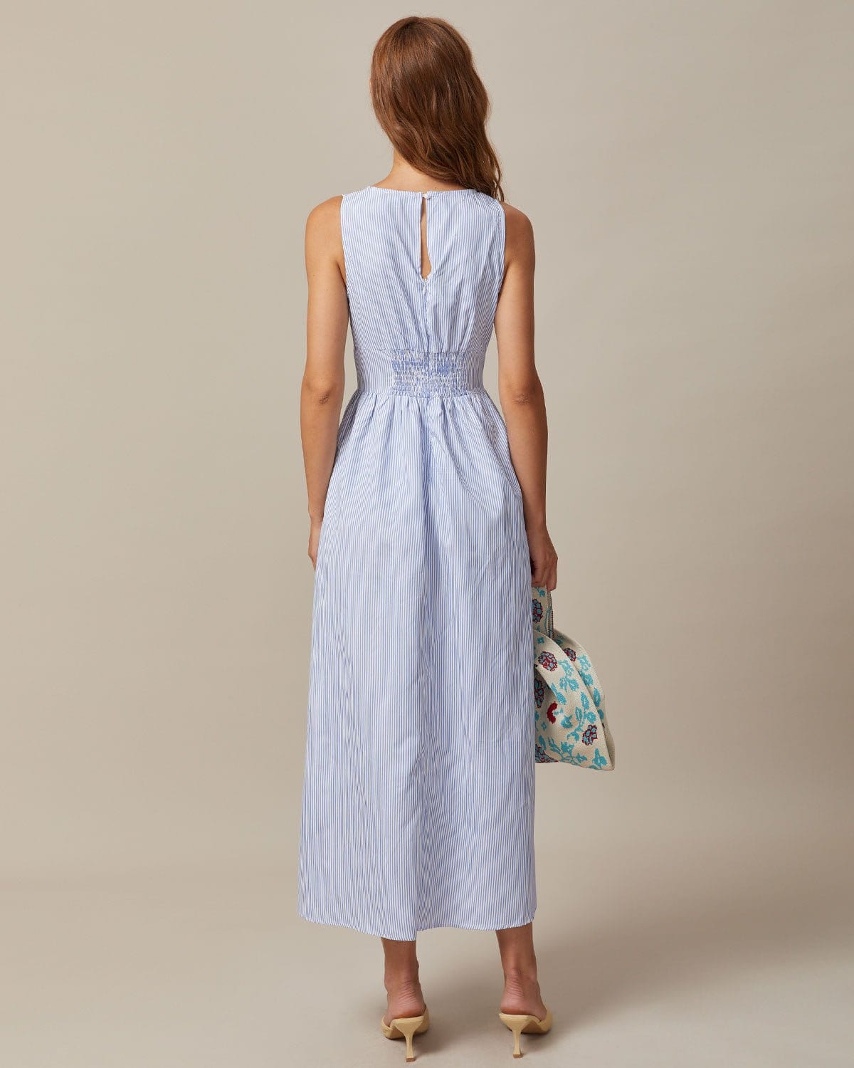 Maxct The Blue V Neck Shirred Striped Maxi Dress