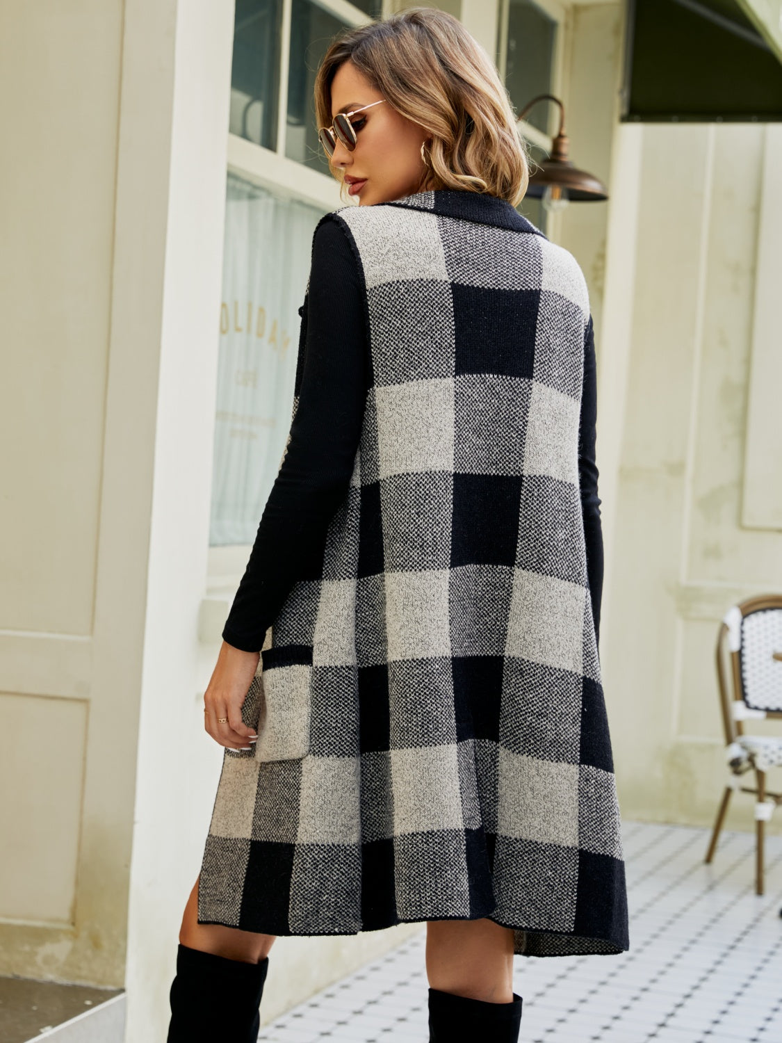 Maxct &Plaid Lapel Collar Sleeveless Cardigan