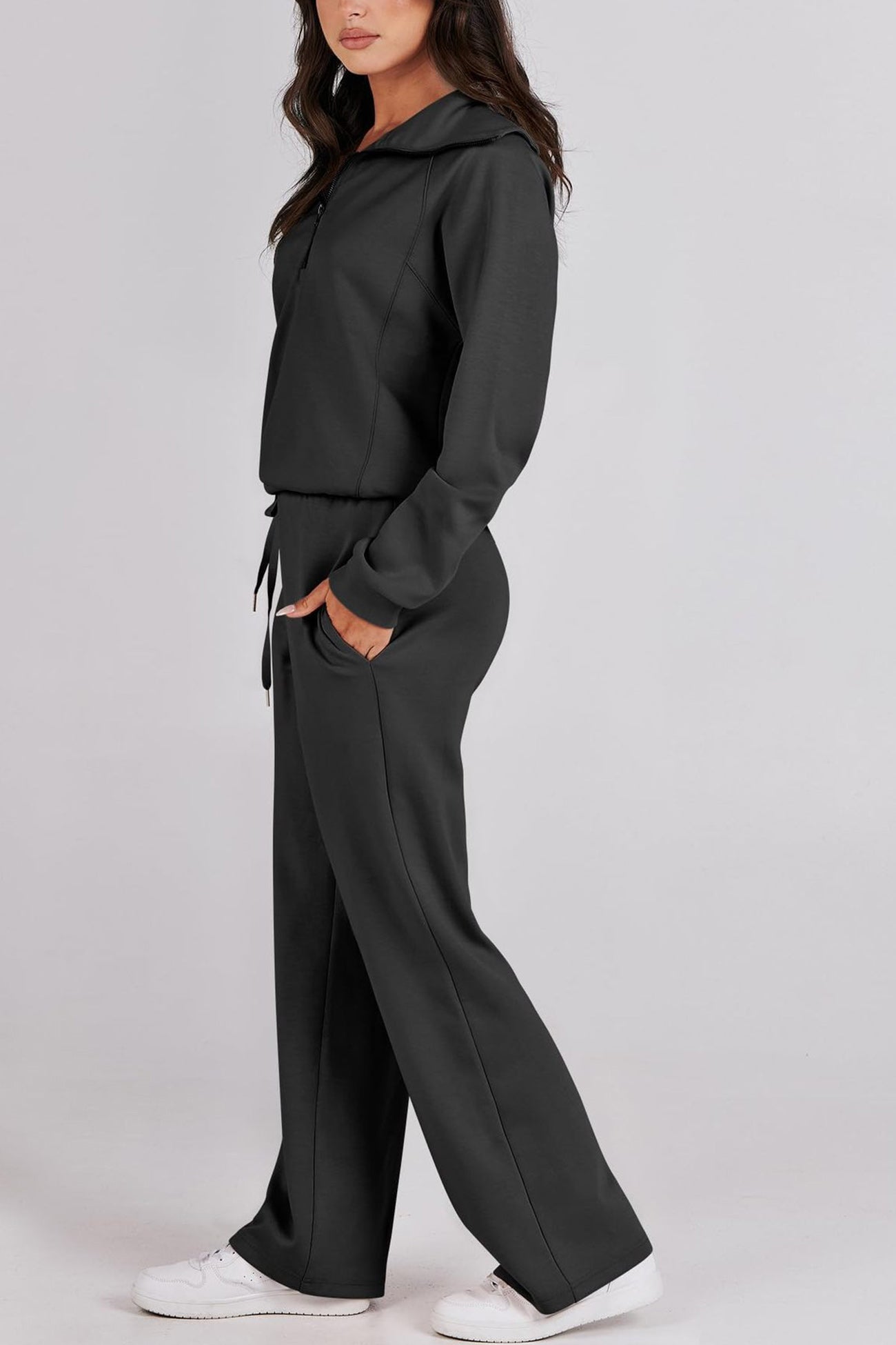 Maxct Lapel Zip-up Sweatshirt Wide Leg Long Pants Set