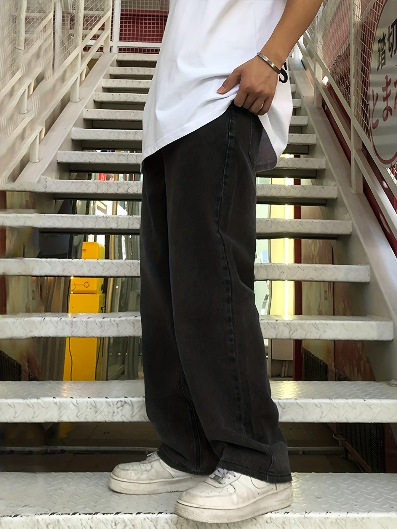 Maxct  Loose Fit Wide Leg Jeans, Men's Casual Street Style Solid Color Denim Pants For Spring Fall