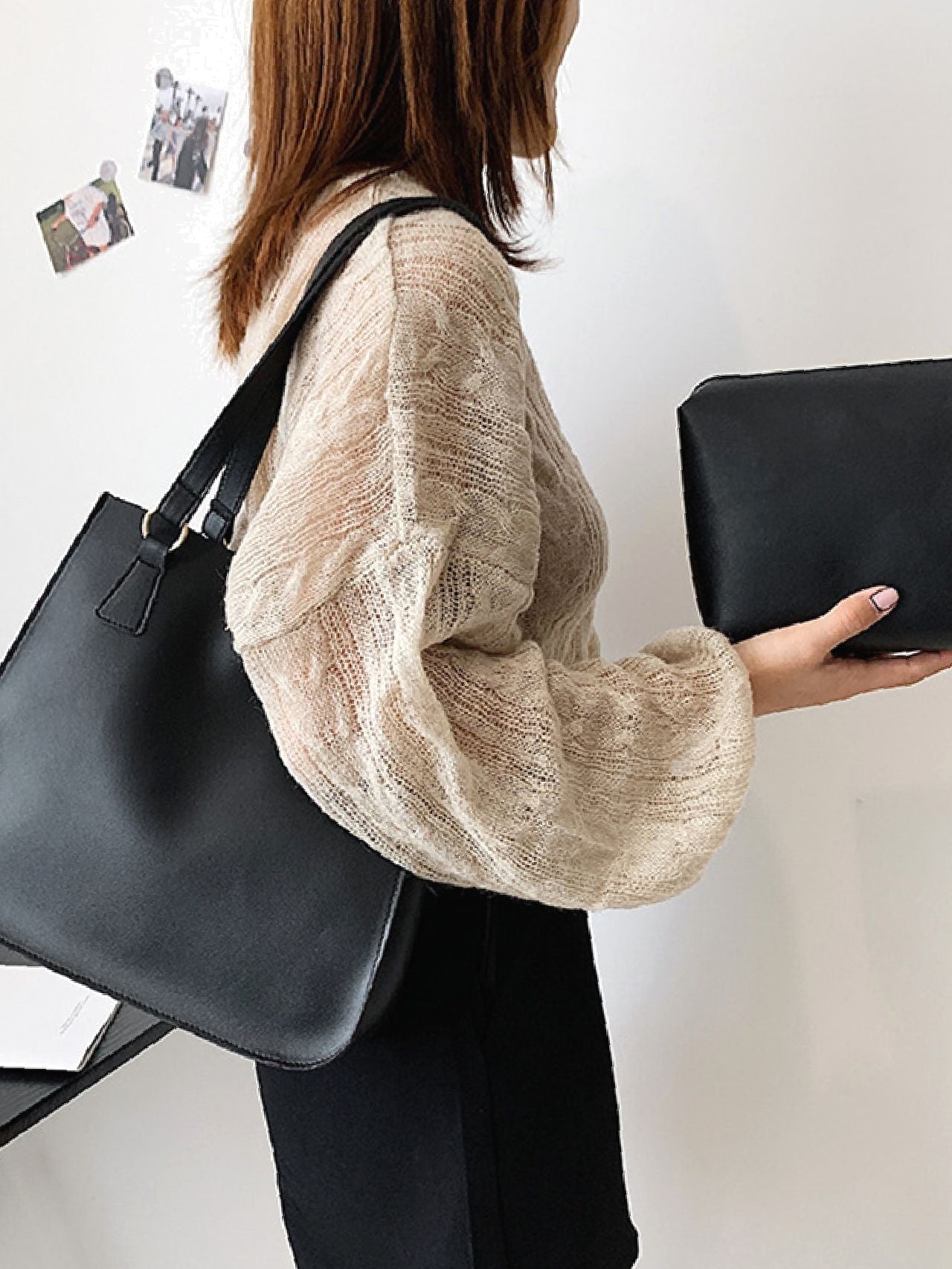 Maxct - Letter Graphic Shoulder Tote Bag with Inner Pouch  - Women Tote Bags